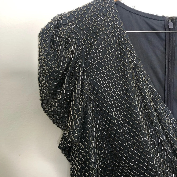 NWT Mac Duggal Charcoal 94674 Beaded Wrap Over Puff Sleeve Midi Gown 12 - Picture 7 of 12